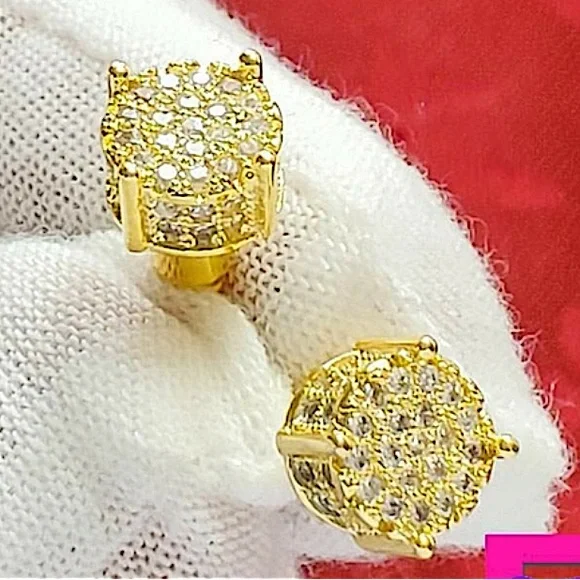 Gold Round Cut Moissanite Circle Shaped Pave Diamond Zircon Stud Earrings - Picture 9 of 9